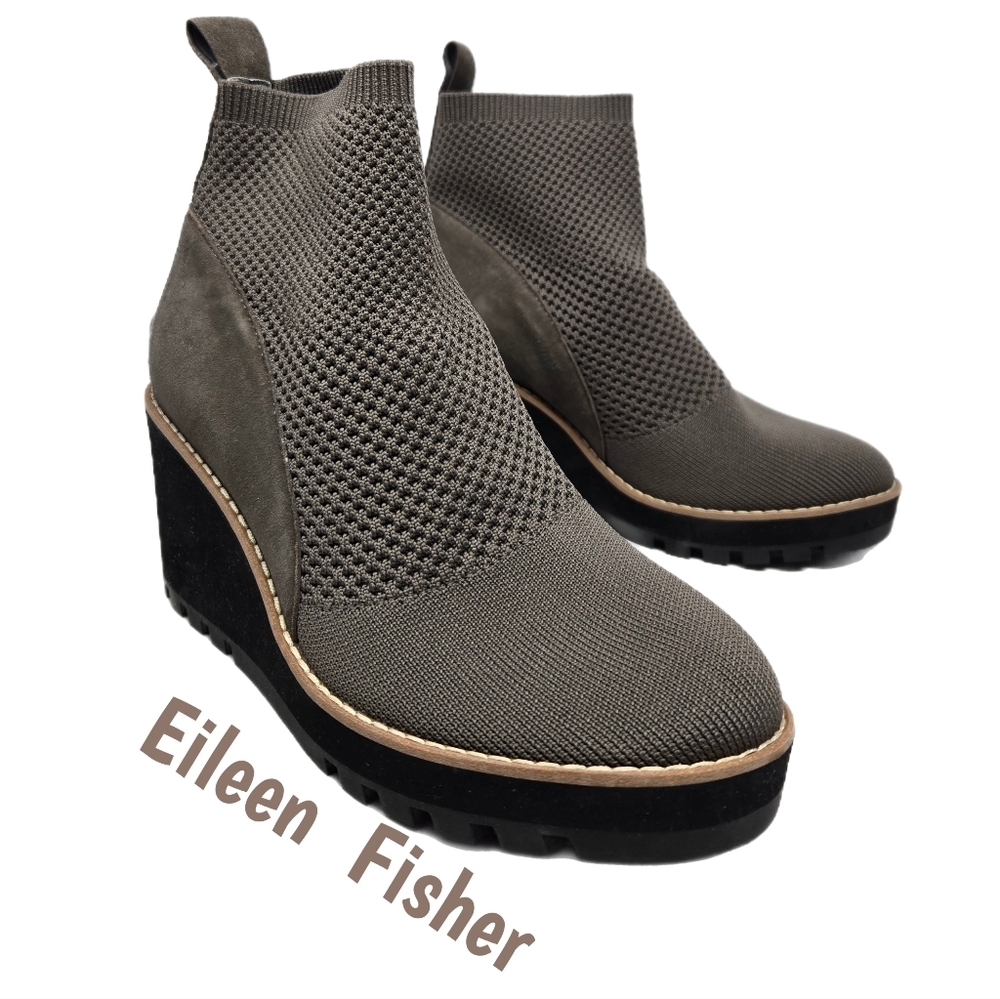 Eileen Fisher Wedge Boots Sz 6.5 & 8  London Knit'Leather Rye Brown Knit Stretch